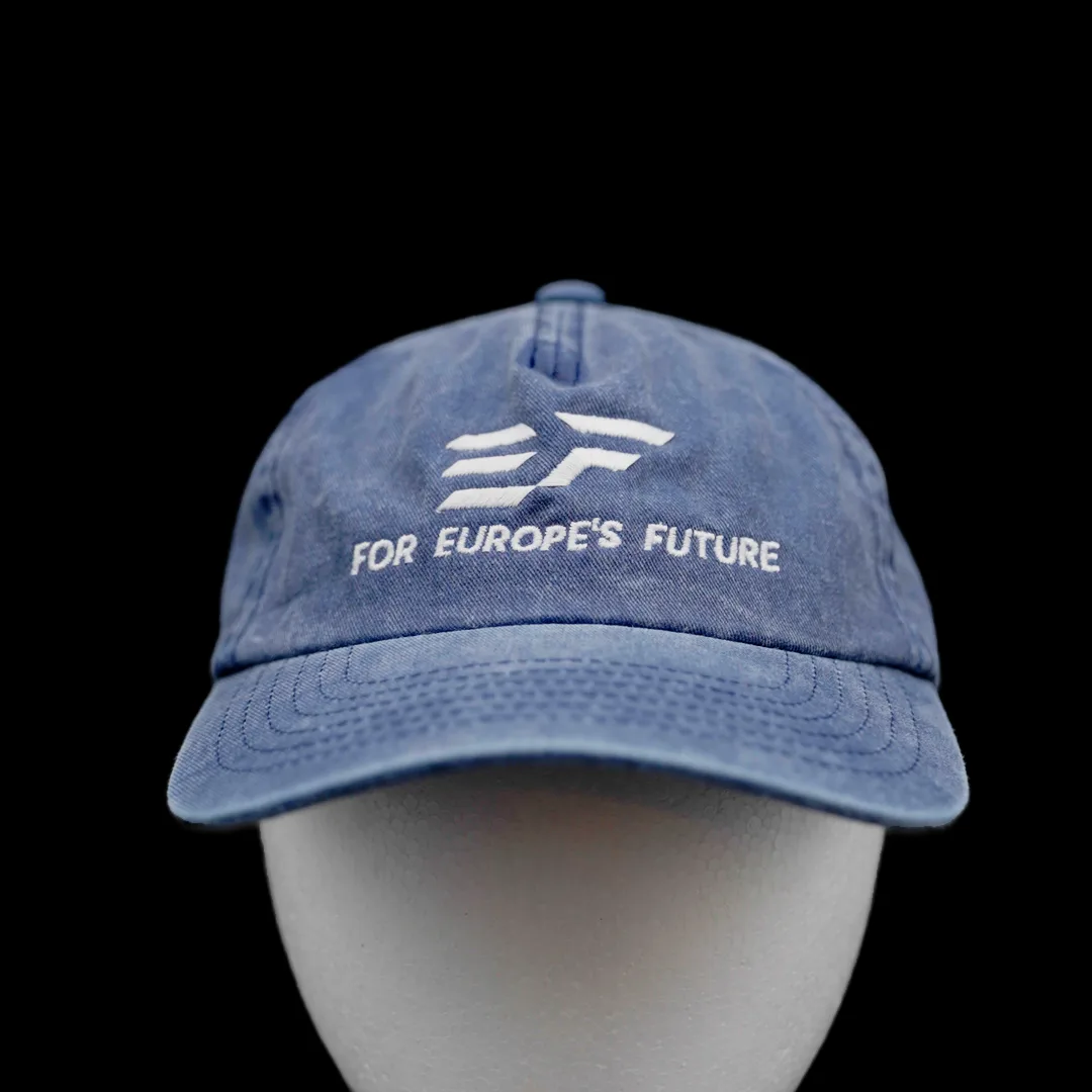 Blue washed cap with embroidered EF logo and “For Europe's Future”, front view